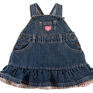 Early 2000s The Children’s Place 3-6M Denim Overall Dress Pink Plaid Ruffle